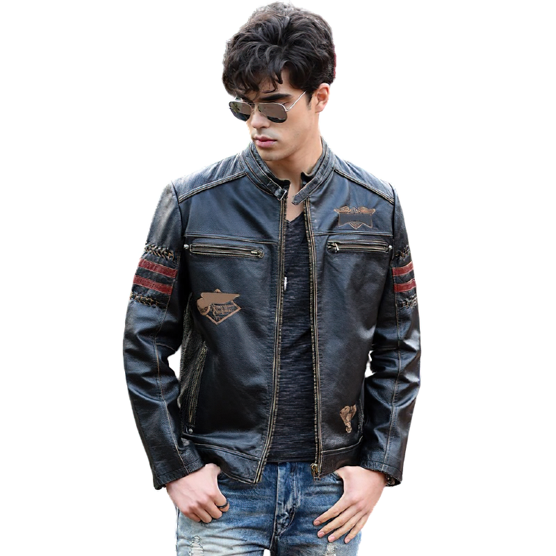 Stylish man wearing a genuine leather biker jacket with patches and stripes, perfect for a cool rock look.