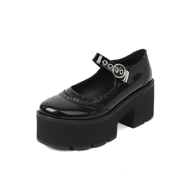 Gothic Style Design Platform Pumps Shoes / Black Square Thick Heels Female Pumps - HARD'N'HEAVY