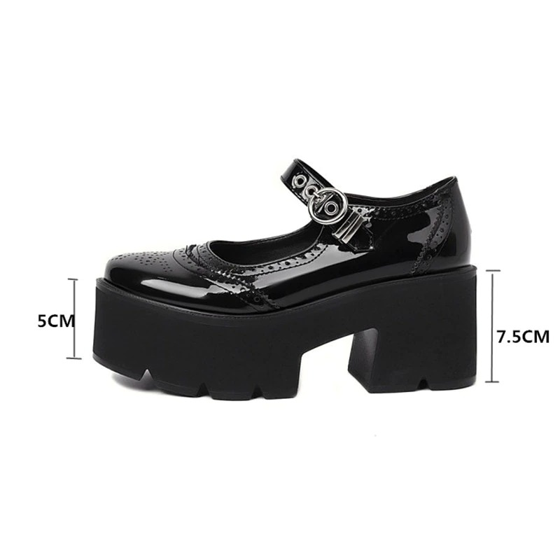 Gothic Style Design Platform Pumps Shoes / Black Square Thick Heels Female Pumps - HARD'N'HEAVY