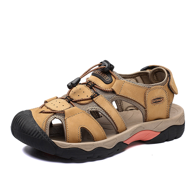 Men's split leather summer sandals, breathable outdoor shoes with soft outsole, ideal for casual wear.