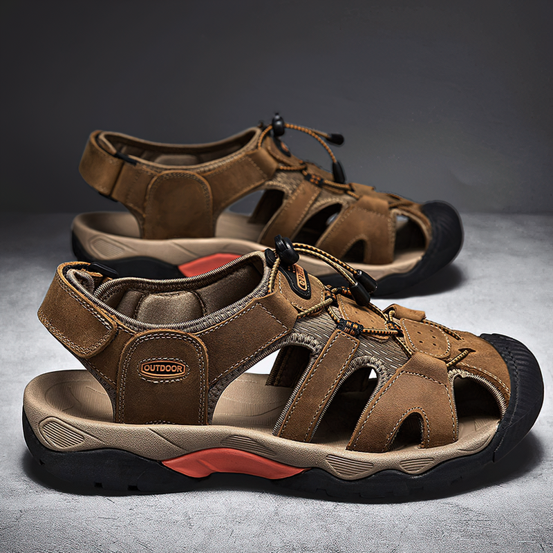 Brown split leather summer sandals for men with rubber outsole, perfect for casual outdoor wear.