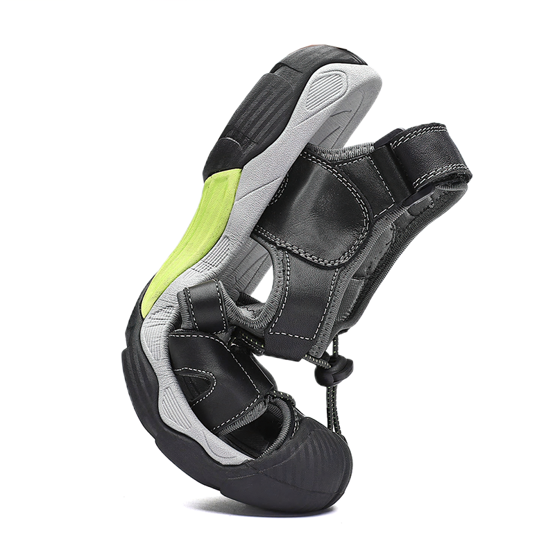 Innovative split leather summer sandals for men with breathable design and soft outsole in black and gray.