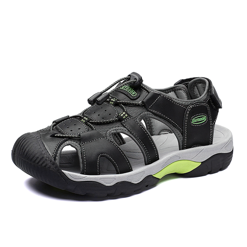Men's black split leather summer sandals with breathable design and soft outsole for casual comfort.