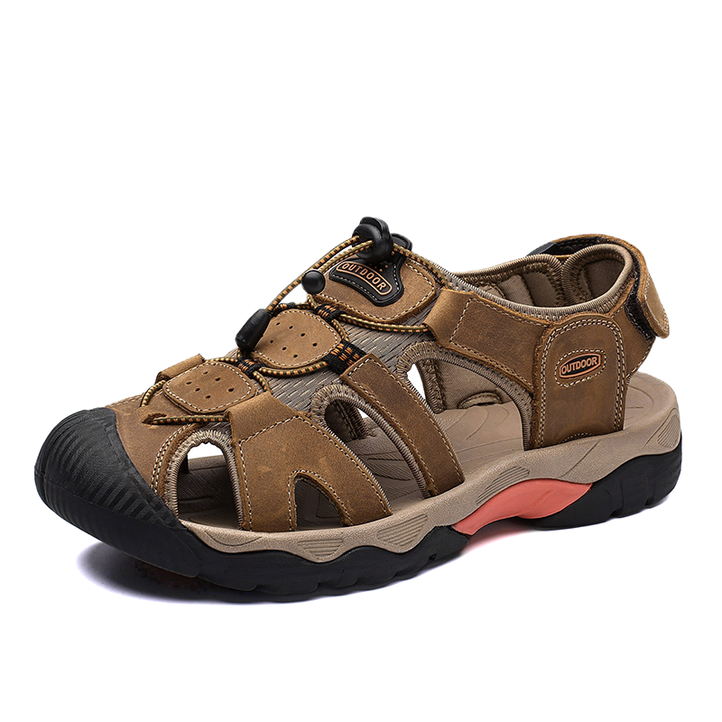 Men's split leather summer sandals with breathable design and soft outsole for casual comfort.