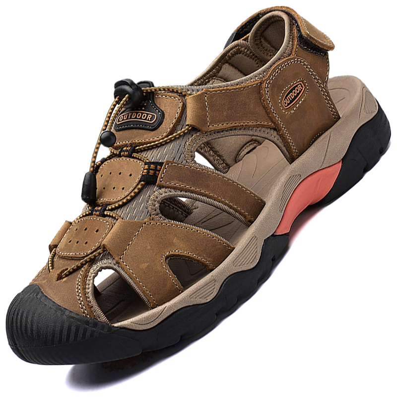 Men's split leather summer sandals with breathable design, soft outsole, and adjustable hooks for casual outdoor wear.