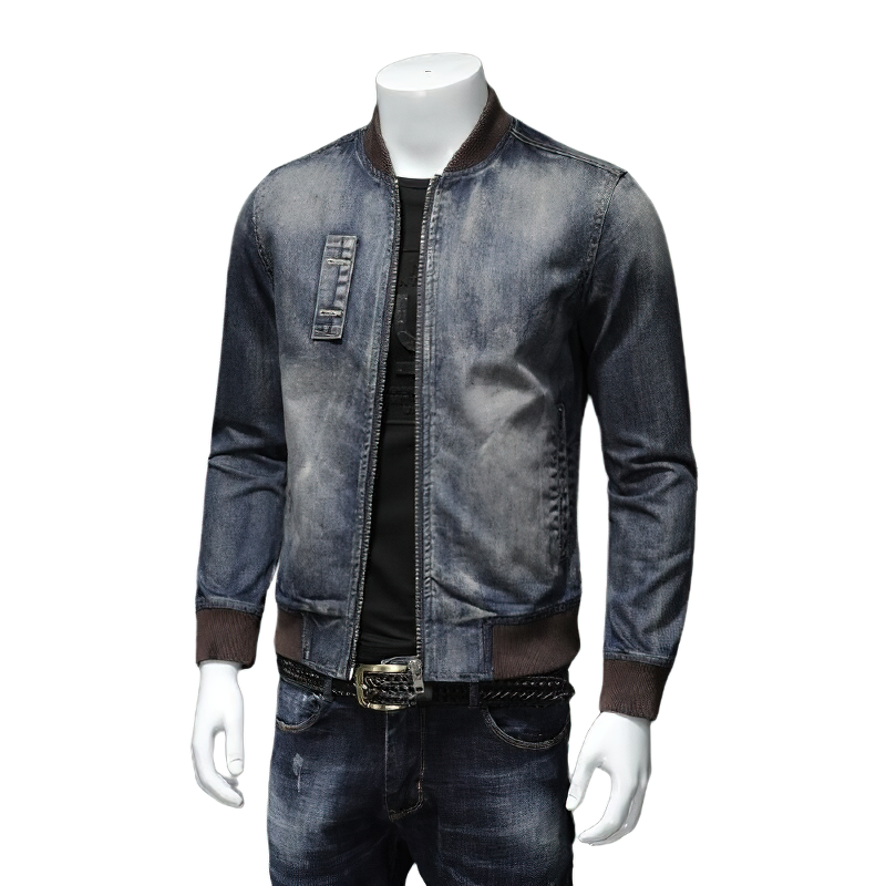 Stylish men's denim jacket with zipper, perfect for casual looks and comfortable wear, featuring a modern slim fit design.