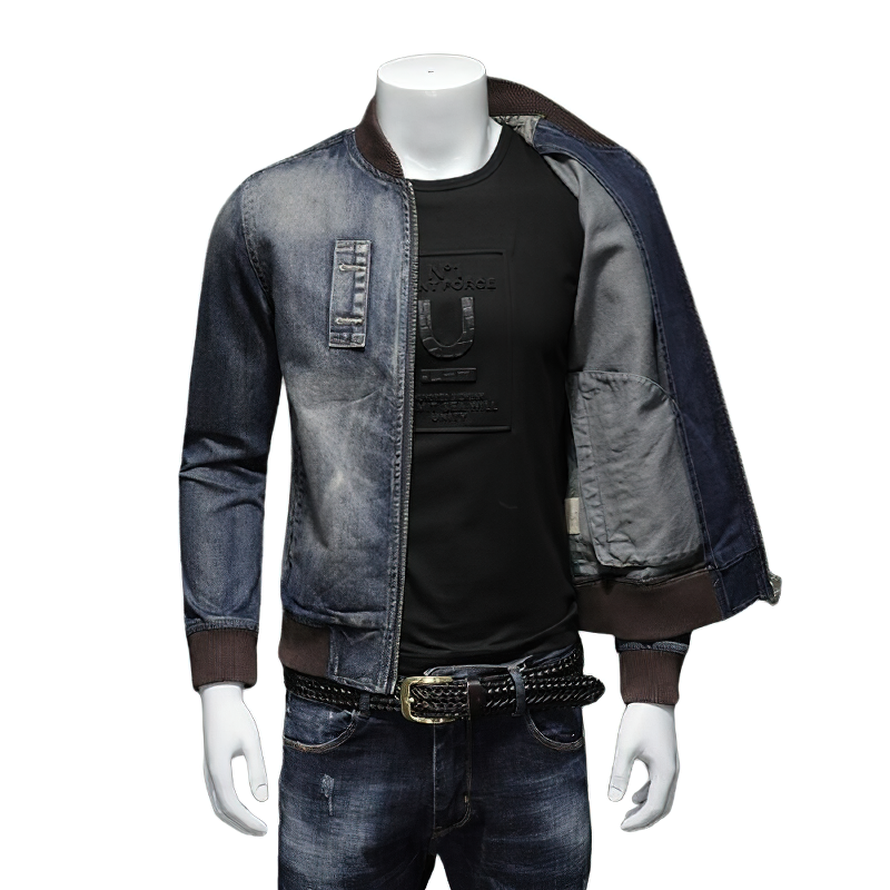 Men's casual denim jacket with zipper and stylish design, perfect for creating trendy looks.
