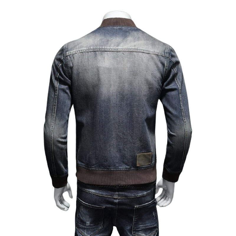 Men's denim jacket with zipper, stylish long sleeve design, casual fit, perfect for trendy looks.