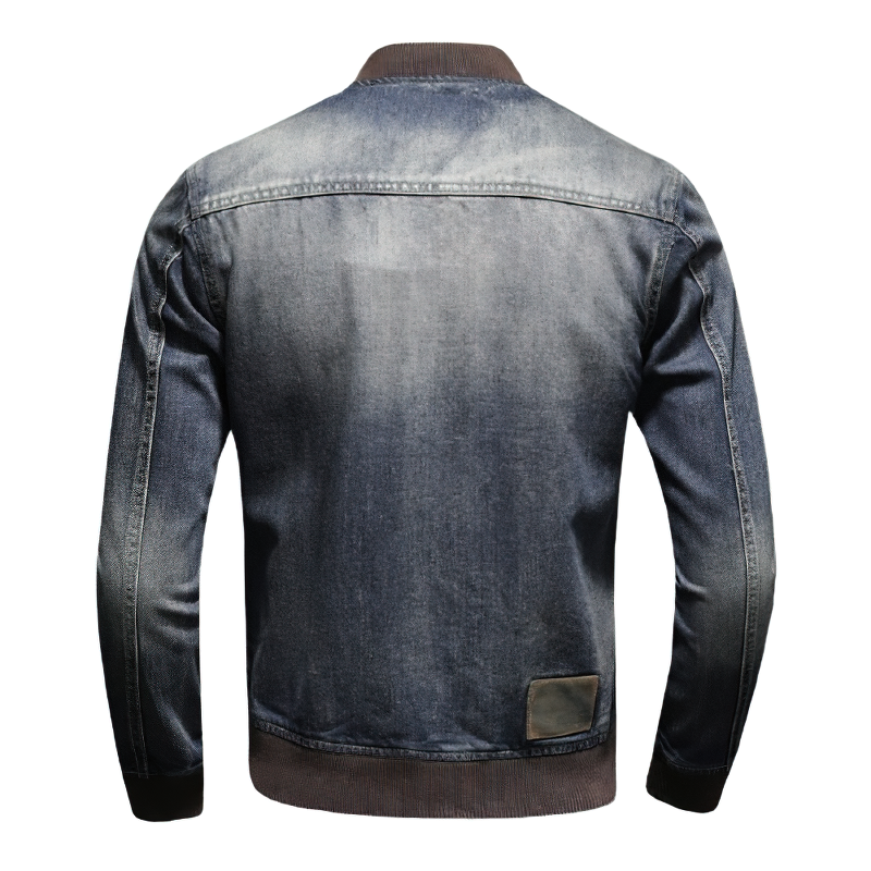 Back view of a stylish men's denim jacket with zipper and long sleeves, perfect for casual wear and trendy outfits.