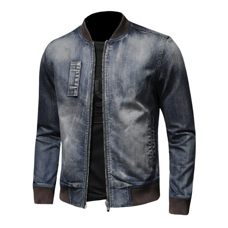 Stylish men's denim jacket with zipper, casual long sleeve design for a trendy and comfortable look.