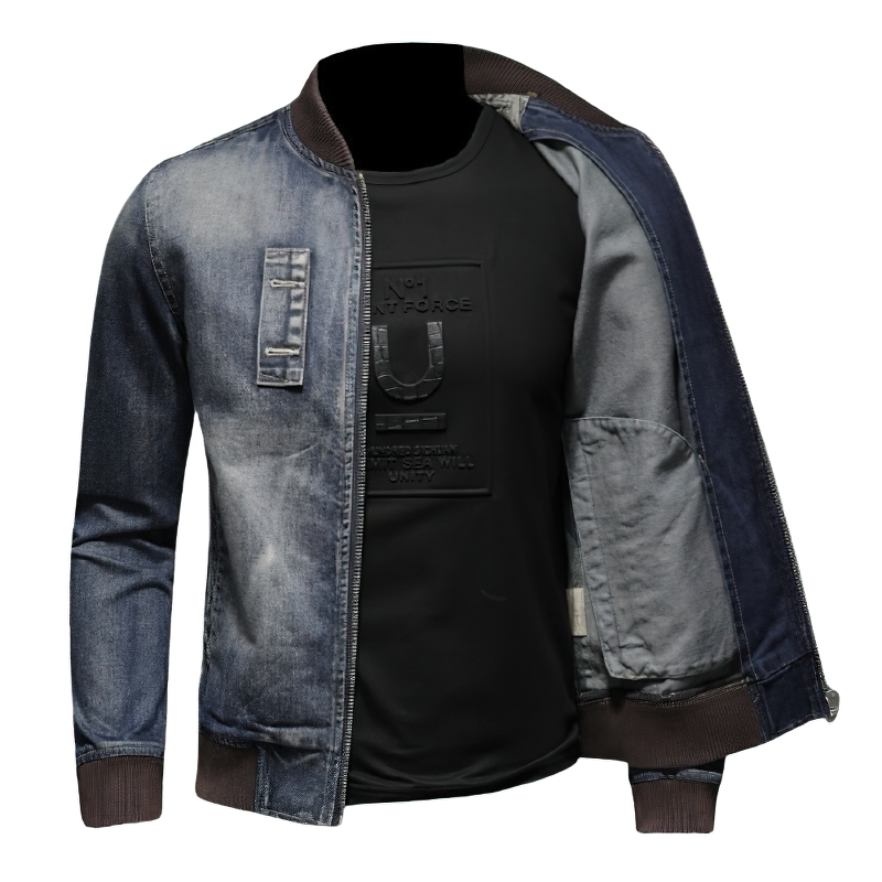 Men's denim jacket with zipper, long sleeves, stylish casual wear for a trendy look.