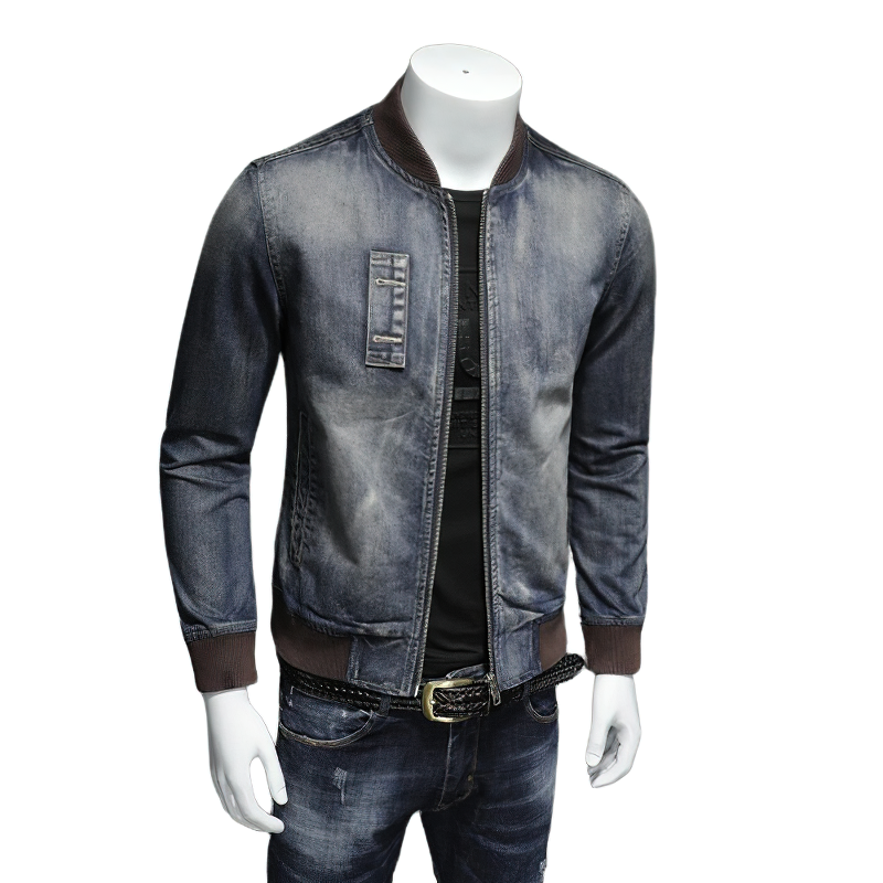 Stylish men's denim jacket with zipper, casual long sleeve design, perfect for trendy looks.