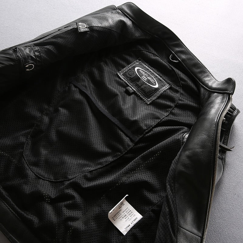 Interior view of a genuine leather men's motorcycle biker vest with tags and details on a gray background.