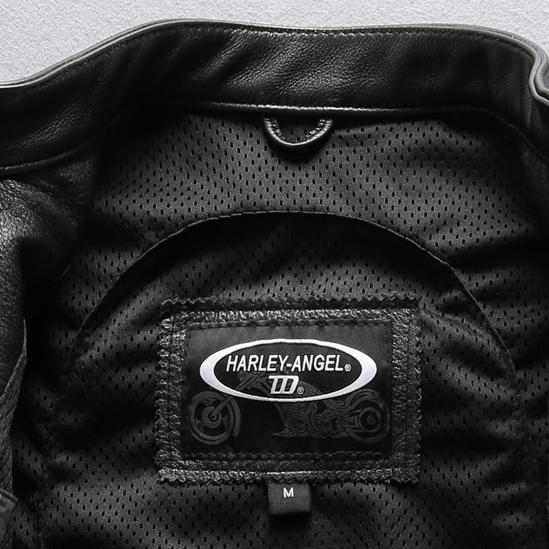 Inside view of Harley Angel leather vest showing mesh lining and brand label, perfect for bikers.