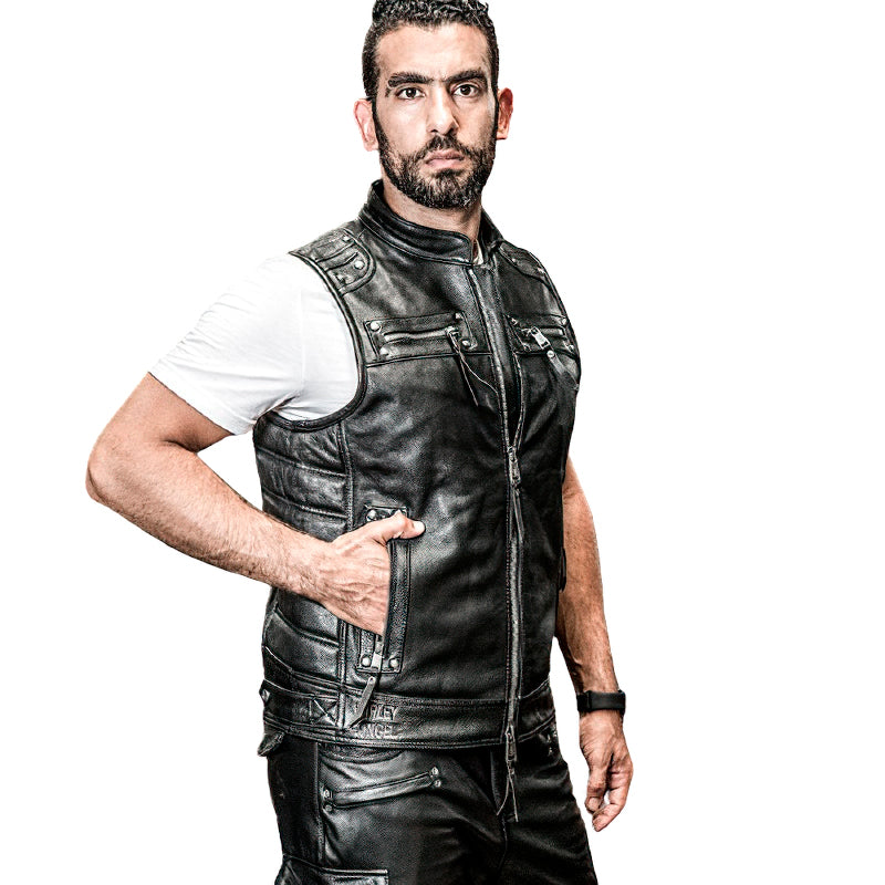Men's genuine leather motorcycle biker vest, sleeveless jacket, showcasing a rugged look with zippers.