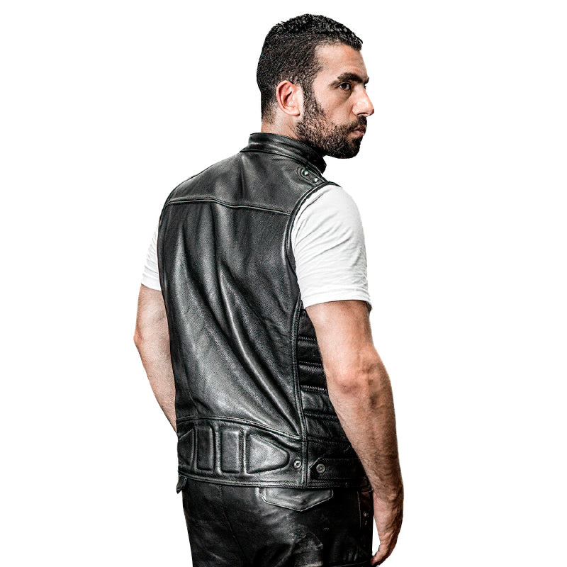 Men's genuine leather motorcycle biker vest, sleeveless and stylish, showcasing a cool back view design.