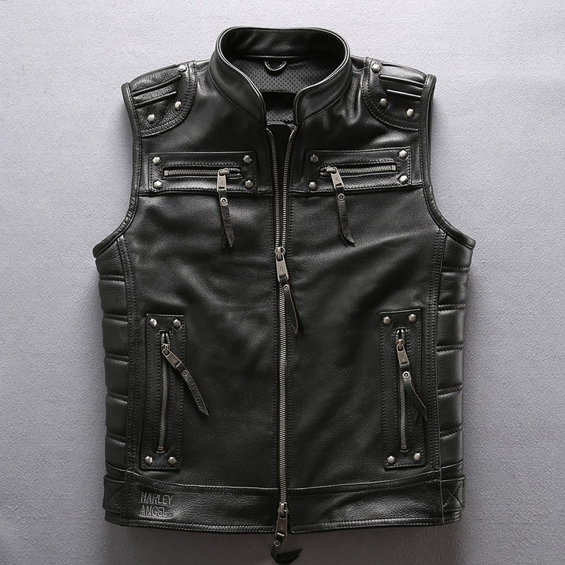 Men's black genuine leather motorcycle biker vest with zippers and studs for a stylish biker look.
