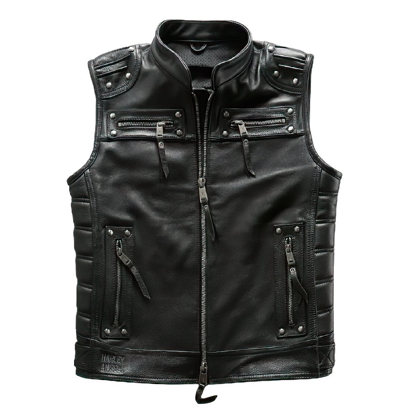 Men's genuine leather motorcycle biker vest with zippers and stylish detailing, perfect for a rugged biker look.