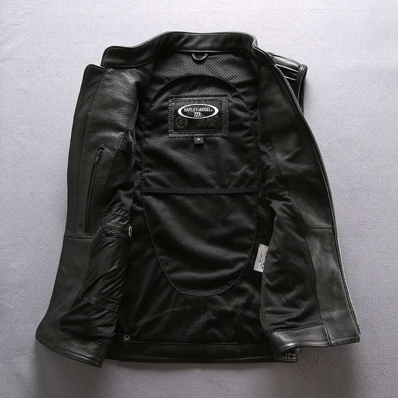 Men's genuine leather motorcycle vest interior showing mesh lining and zipper pockets for comfort and style.