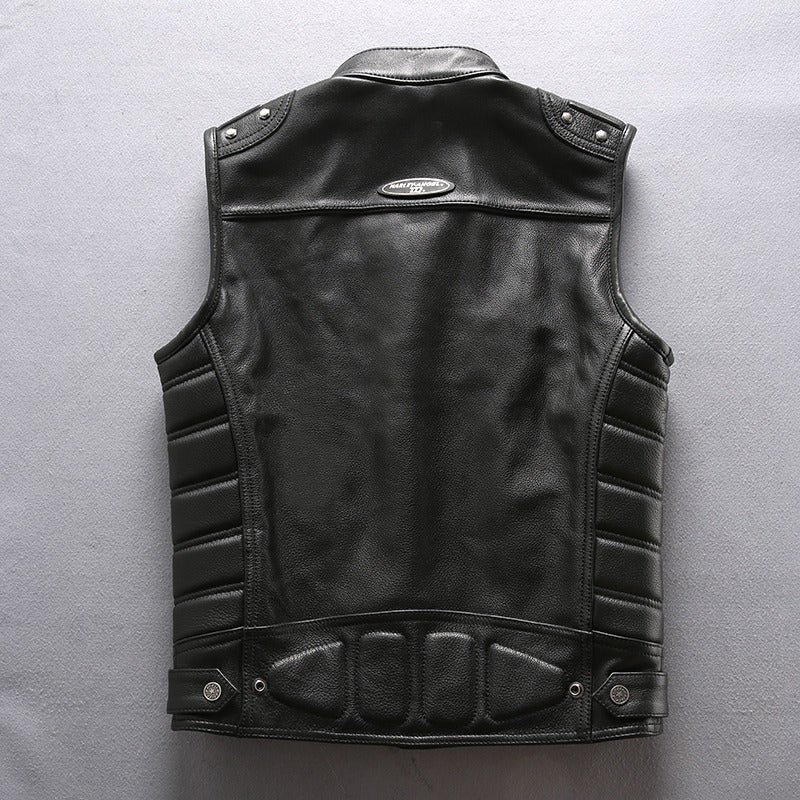 Men's genuine leather motorcycle biker vest, sleeveless design with stylish zippers and padded accents in black.