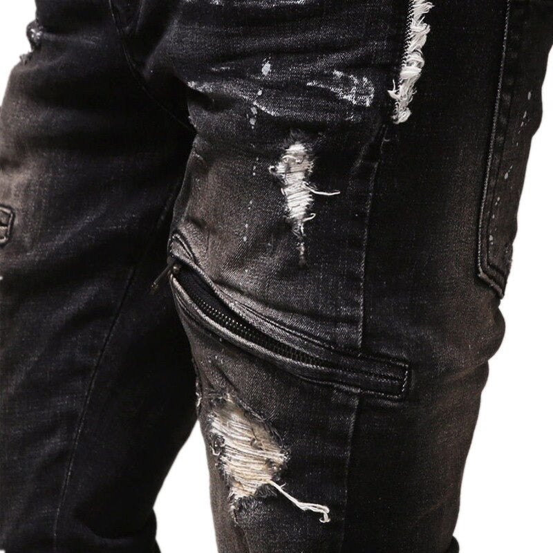 Men's Ripped Biker Jeans / Vintage Black Slim Fit Motorcycle Pants in Rock Style - HARD'N'HEAVY