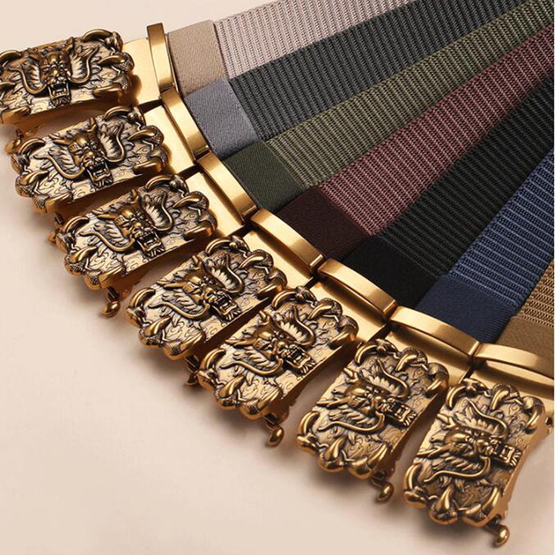 Stylish nylon belts with ornate metal automatic buckles in various colors for men and women.