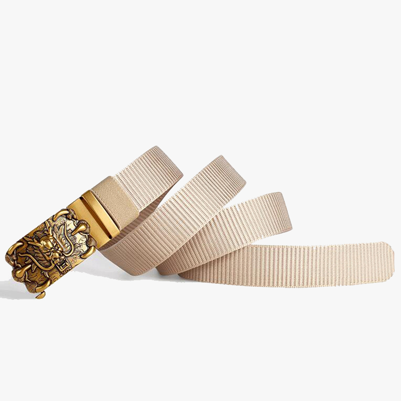 Stylish beige nylon belt for men and women with a metal automatic buckle in rock style.