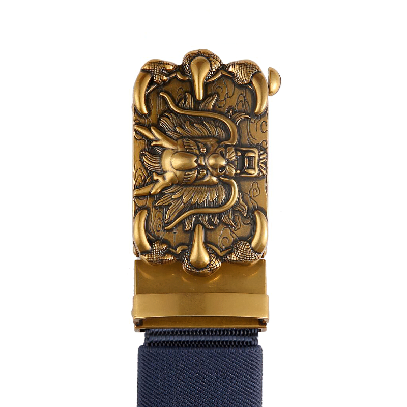 Nylon belt with detailed metal automatic buckle featuring rock style design for men and women.