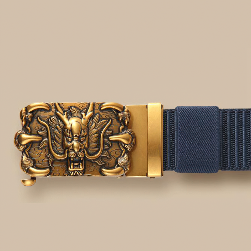 Nylon belt for men and women featuring a stylish gold dragon metal automatic buckle in rock style.