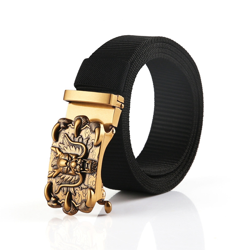 Stylish nylon belt for men and women featuring a decorative metal automatic buckle in a rock style.