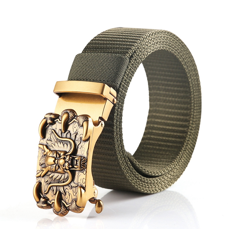 Stylish nylon belt for men and women with a decorative gold lion buckle, perfect for adding a rock touch to outfits.