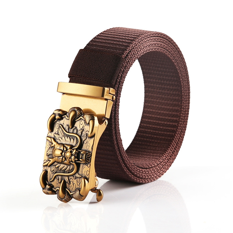 Stylish nylon belt for men and women featuring a decorative metal automatic buckle in rock style.