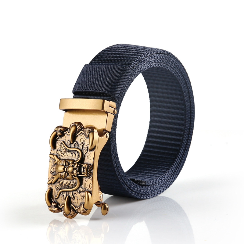 Stylish nylon belt for men and women with a decorative gold automatic buckle in rock style.