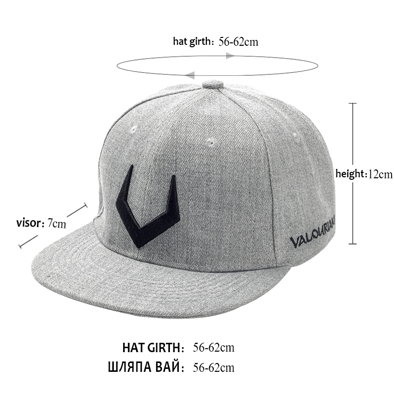 Gray wool baseball cap with 3D embroidery, showing size and measurements for a perfect fit.