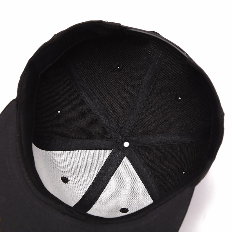Inside view of a high-quality wool baseball cap, featuring a black design and breathable eyelet holes.