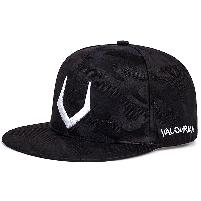 Stylish black wool cap with 3D embroidery and camouflage pattern, perfect for men and women.