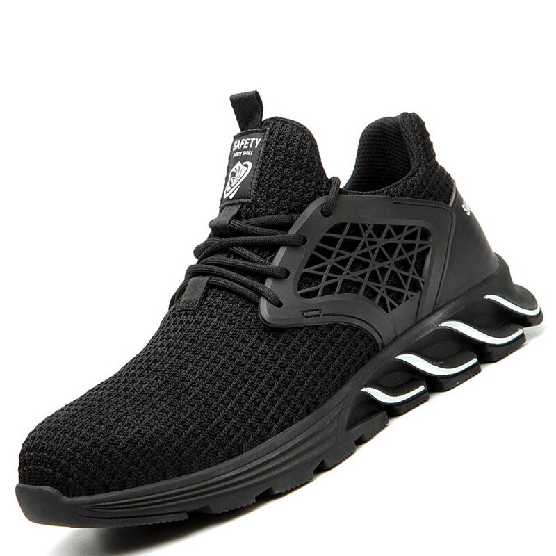 Black men's breathable safety sneakers with steel toe and stylish mesh design for comfort and protection.