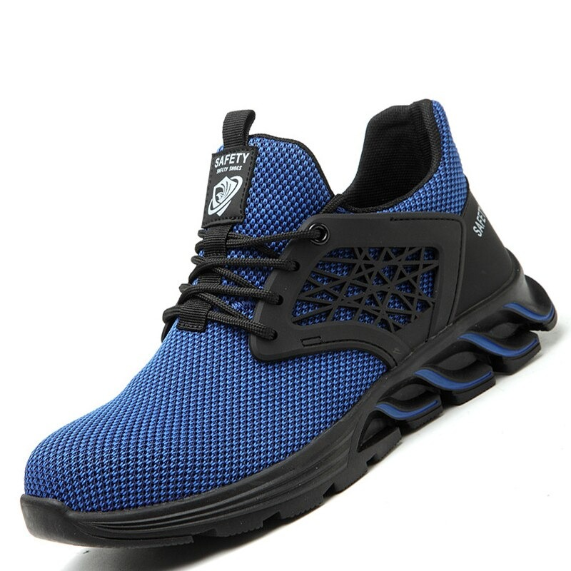 Men's blue breathable safety sneakers with steel toe for comfort and protection in industrial settings.