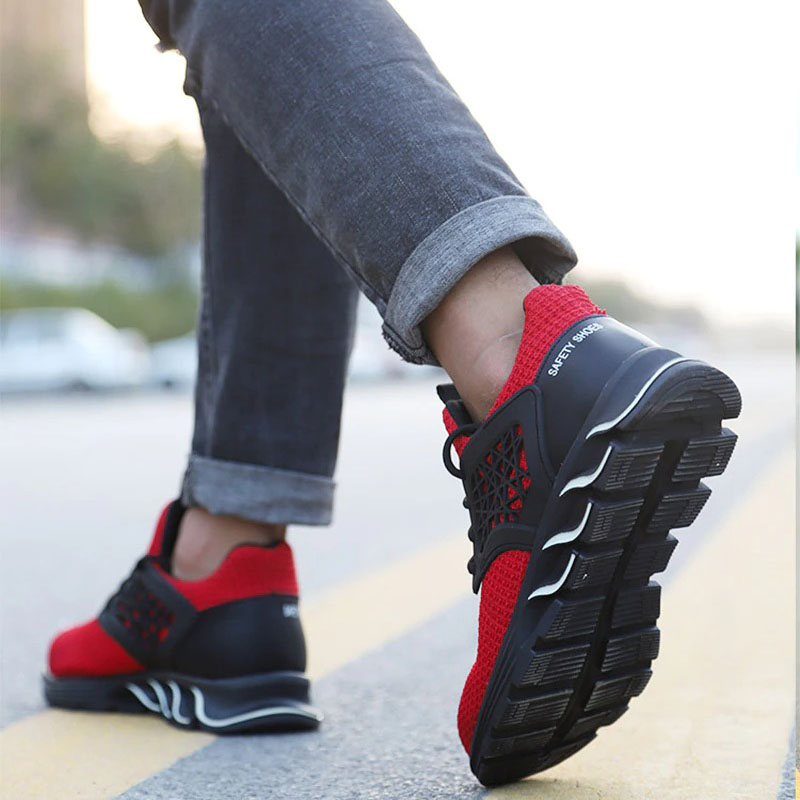 Men's breathable red sneakers for work safety, featuring a comfortable mesh design and puncture-proof steel toe.