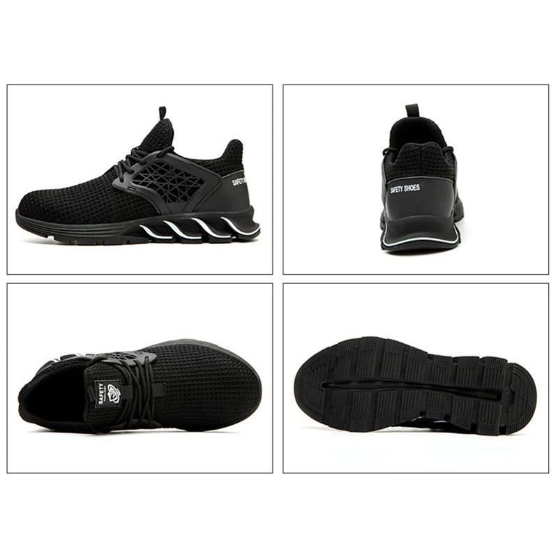Men's breathable black safety sneakers in various angles, featuring a stylish design and steel toe protection.