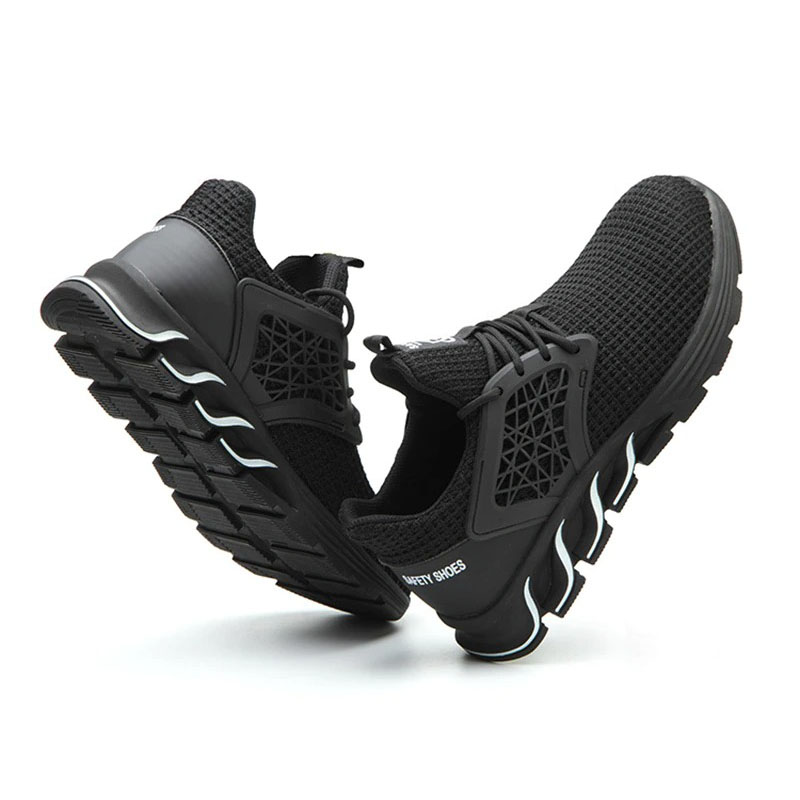 Men's breathable black sneakers with stylish mesh design, perfect for work safety and casual comfort.