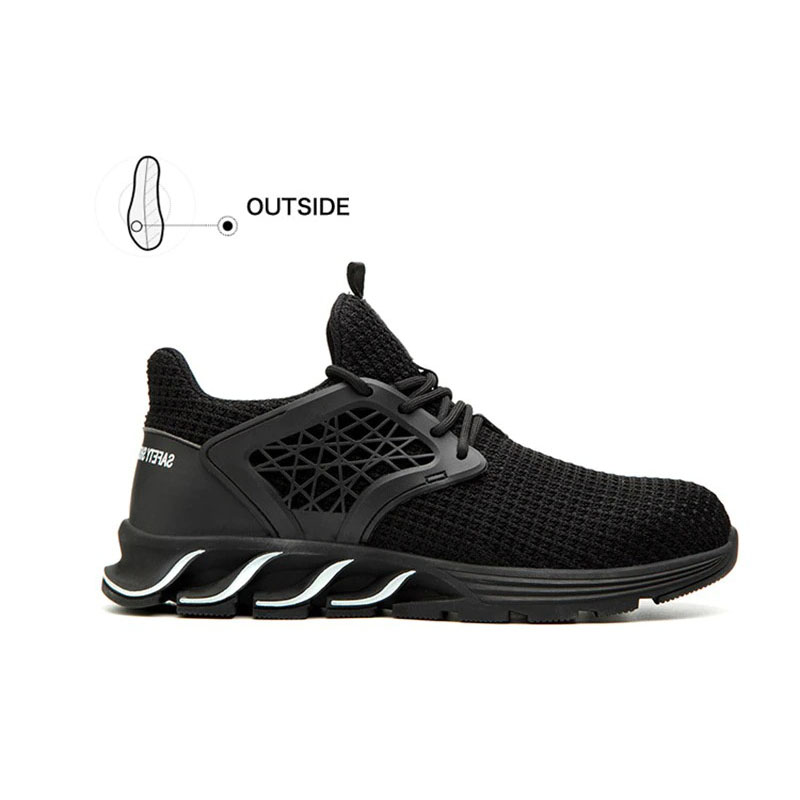 Men's breathable black work safety sneakers with stylish design and supportive mesh material.