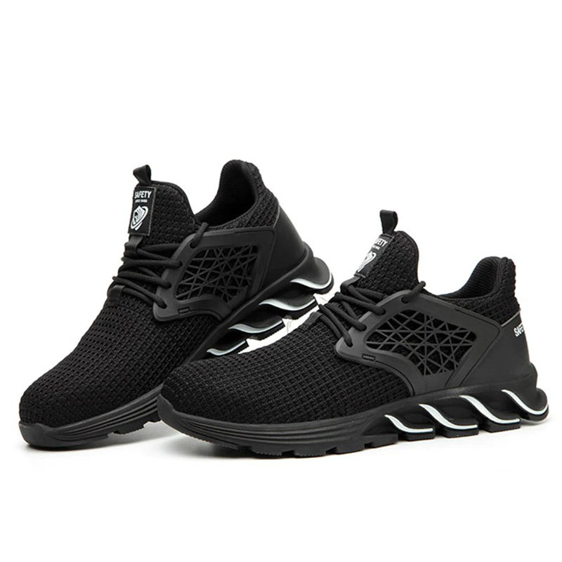 Men's breathable black safety sneakers with a stylish design and puncture-proof features.