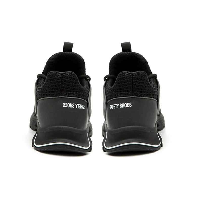 Back view of breathable men's safety sneakers with 'Safety Shoes' printed, stylish and comfortable for industrial use.