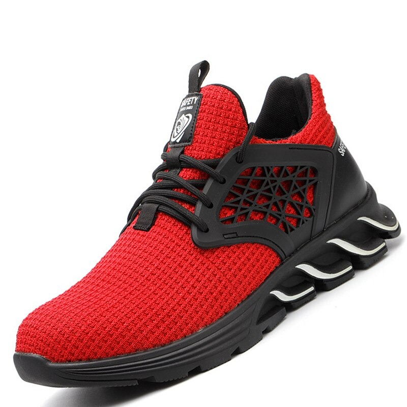 Men's breathable red safety sneakers with steel toe, perfect for comfort and style in industrial settings.