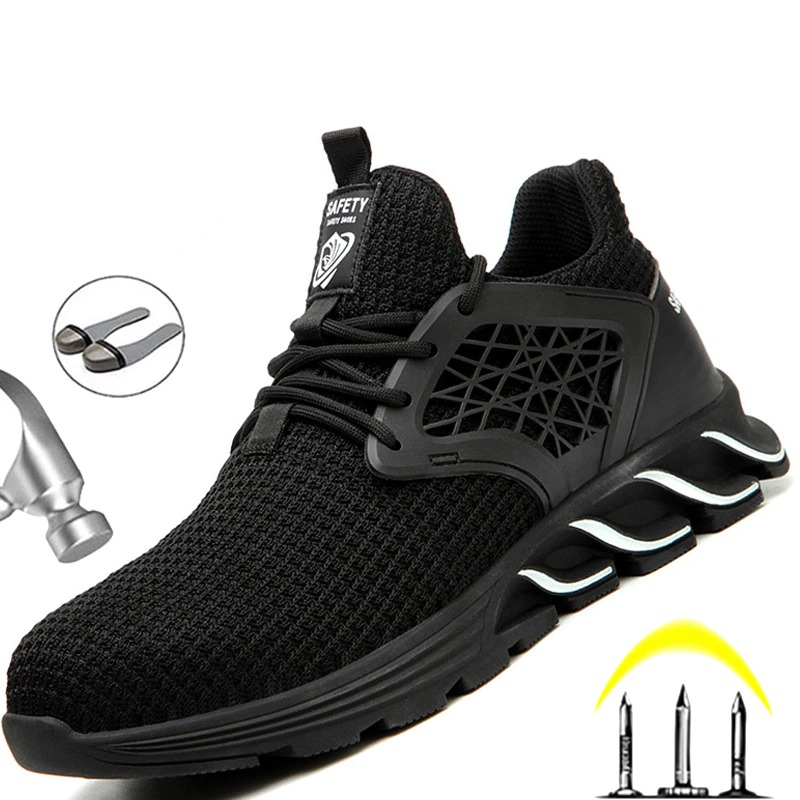 Men's black safety sneakers with steel toe and breathable mesh design for comfortable work protection.