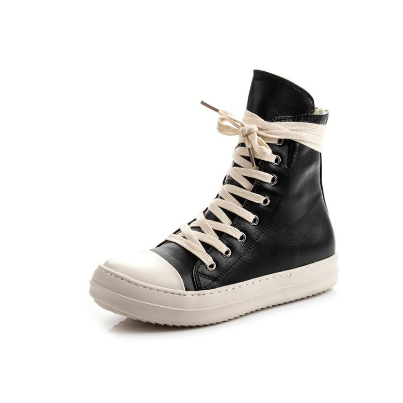 Stylish black high top platform sneakers with white laces, perfect for rock lovers and unisex alternative fashion.