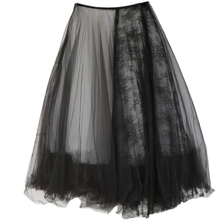 High waist black mesh half-body skirt with lace details, perfect for gothic fashion and cosplay events.