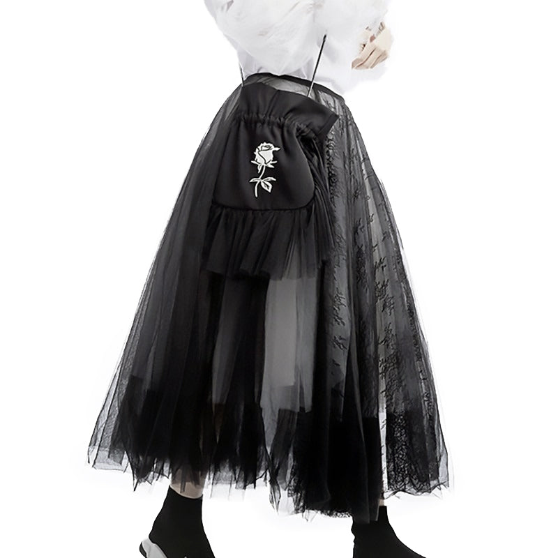 High waist black mesh half-body skirt with asymmetrical layers, perfect for gothic fashion and cosplay events.