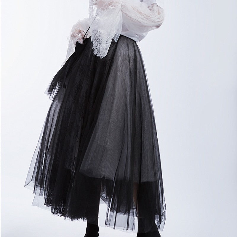 High waist black mesh half-body skirt, perfect for gothic fashion and cosplay events.